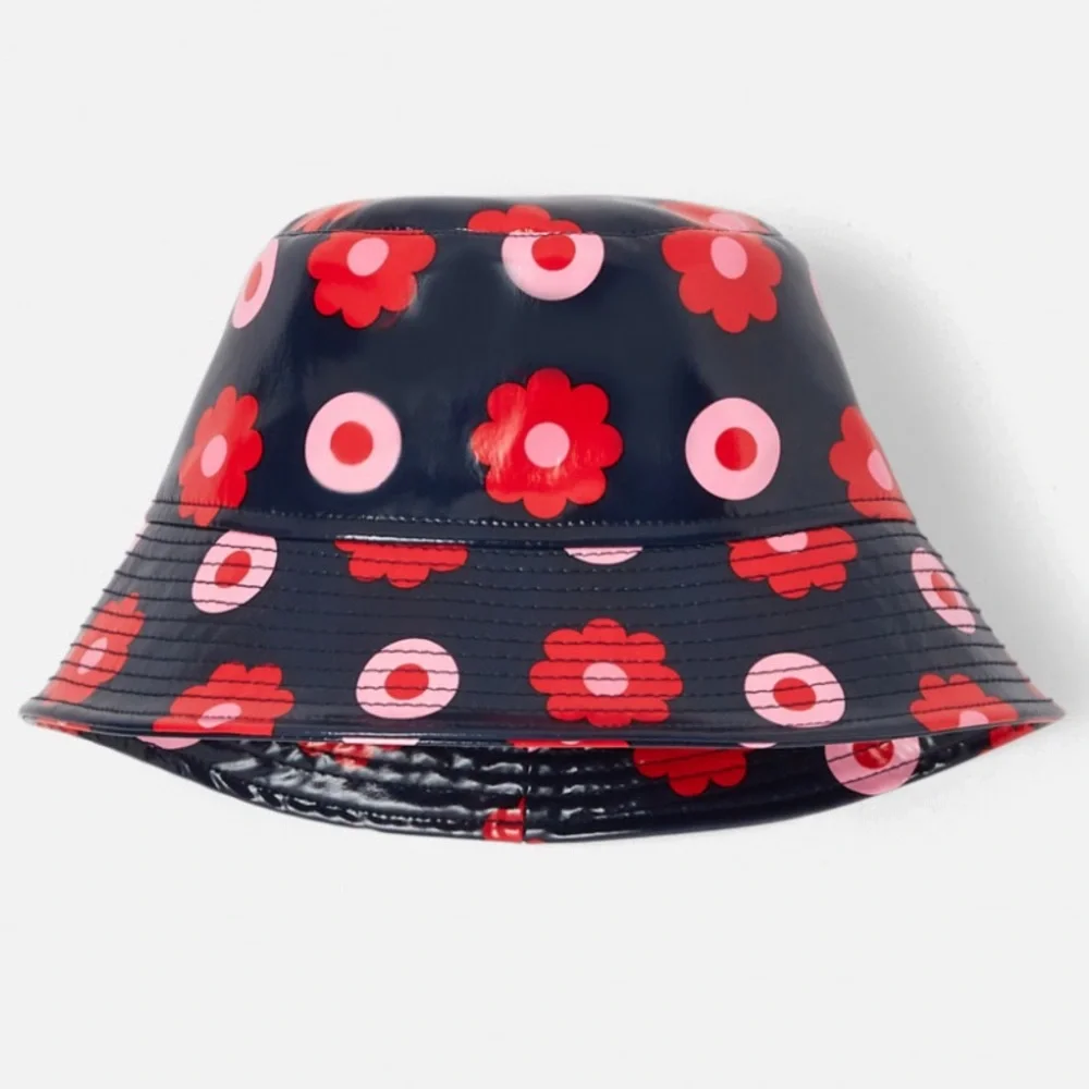 Jacadi Navy Bucket Hat with Red Flowers and Pink Circles
